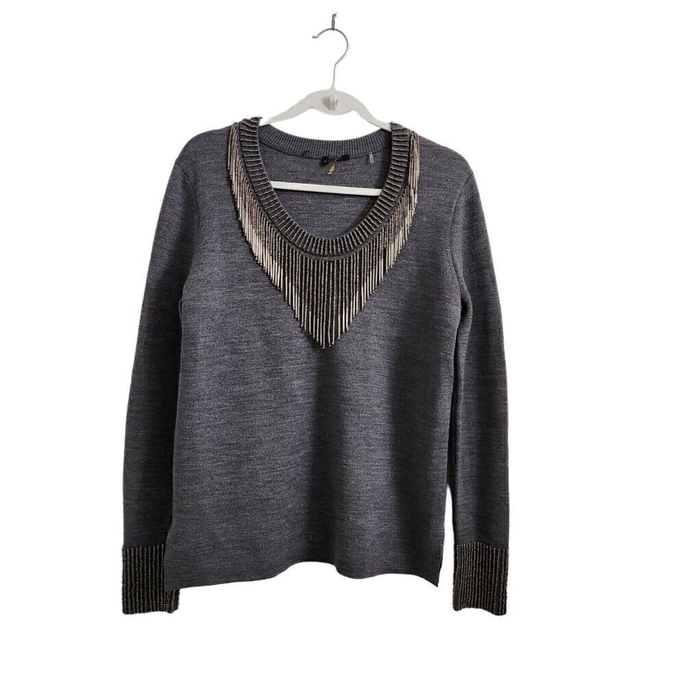 Kobi Halperin Delia Sweater Small‎ Gray Wool Blend Embellished Beaded Stretch